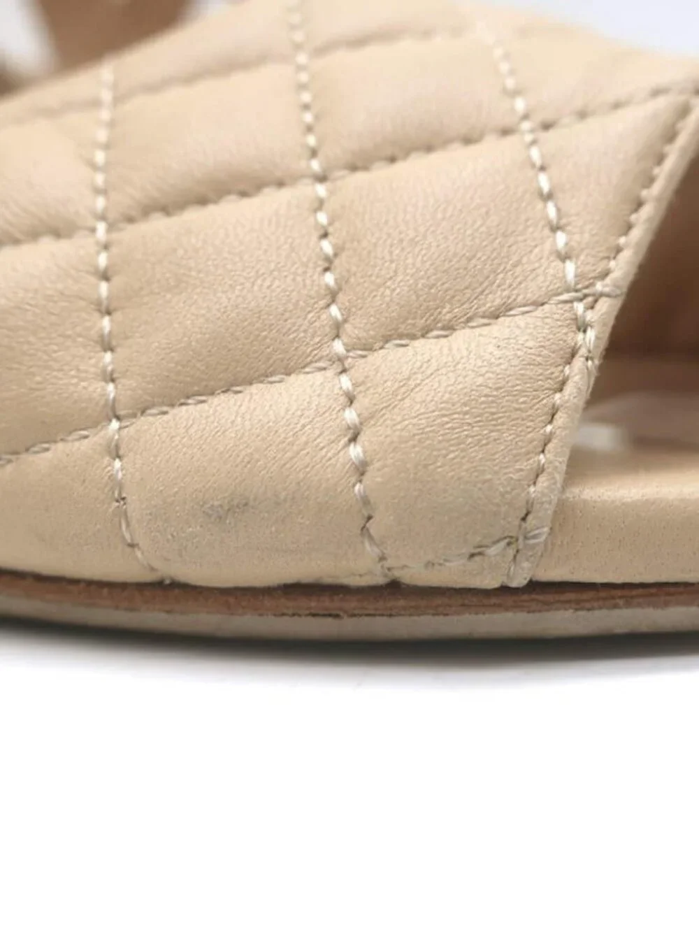 Chanel Quilted Lambskin Leather Ankle Strap Block Heel Sandals Beige Size 36.5
